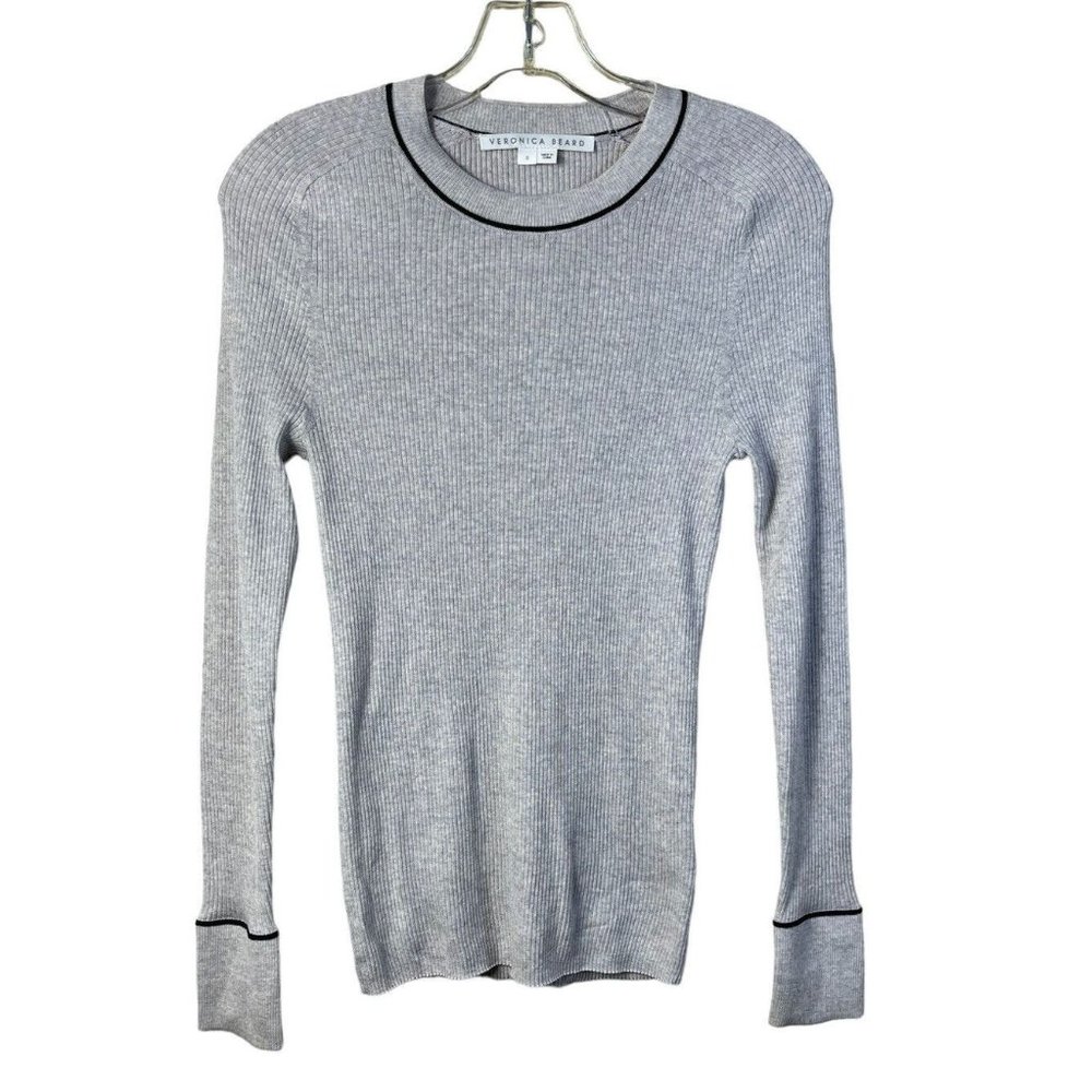 Veronica Beard Gray Ribbed Crewneck Sweater with Black Trim